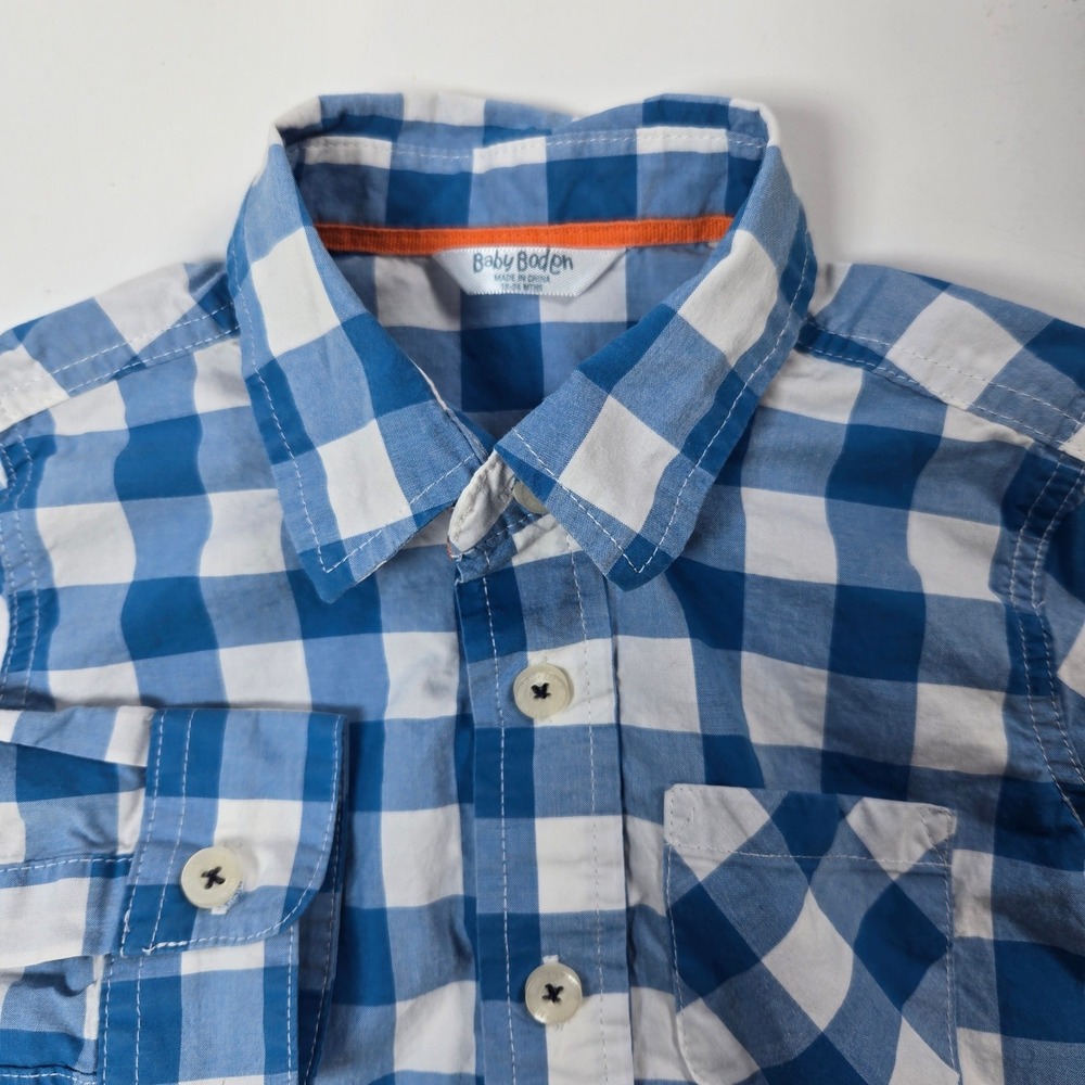 Baby Boden Button Down Shirt Boy 18-24M Blue Gingham Plaid Long Sleeve Check Top